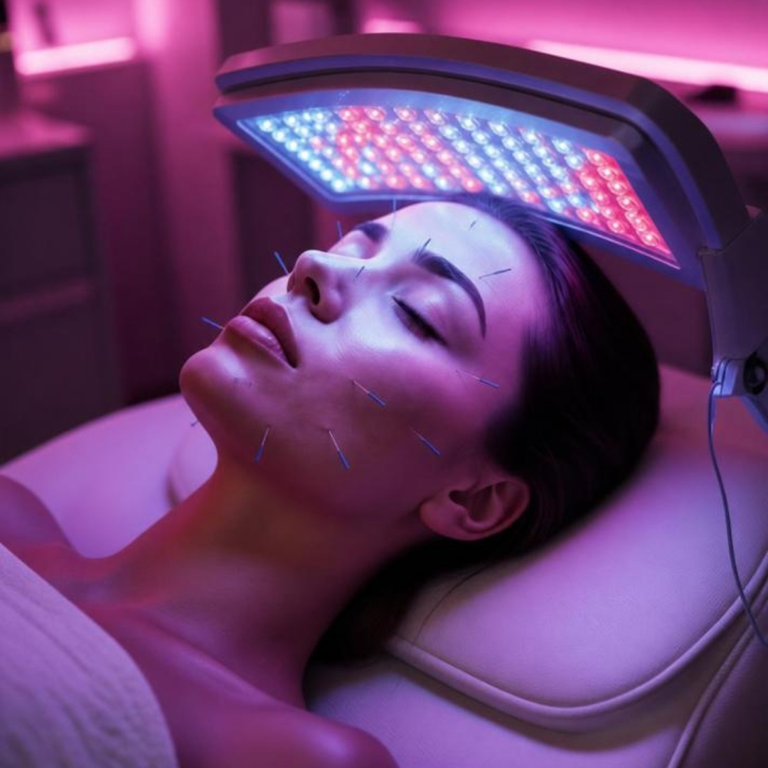 Cosmetic acupuncture with red light panel over face