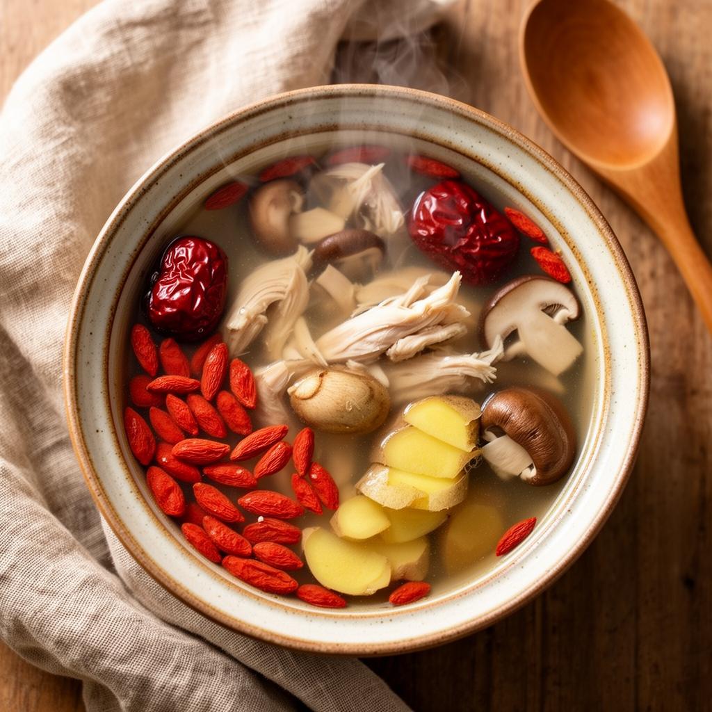A nourishing bowl of Chinese herbal soup with goji berries, jujube dates, ginger, and mushrooms
